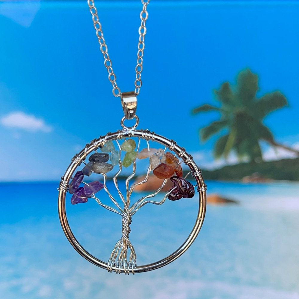 Handmade Genuine Gemstone Rainbow 7 Chakra Crystals Tree of Life Pendant Necklace