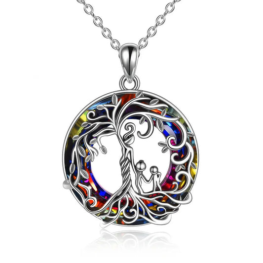 Necklaces for Mom S925 Sterling Silver Mother and 3 Children Family Tree of Life Pendant Necklaces with Purple Crystal Jewelry Gifts for Women Mom Daughter Wife Birthday Mother'S Day