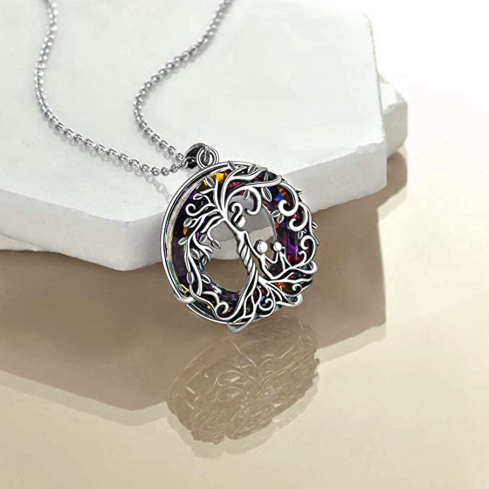 Necklaces for Mom S925 Sterling Silver Mother and 3 Children Family Tree of Life Pendant Necklaces with Purple Crystal Jewelry Gifts for Women Mom Daughter Wife Birthday Mother'S Day