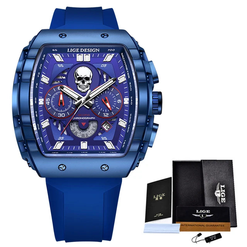 LIGE  Skeleton Skull Dial Sport Army Watches Mens Fashion Luxury Waterproof Quartz Watch Chronograph Montre Homme