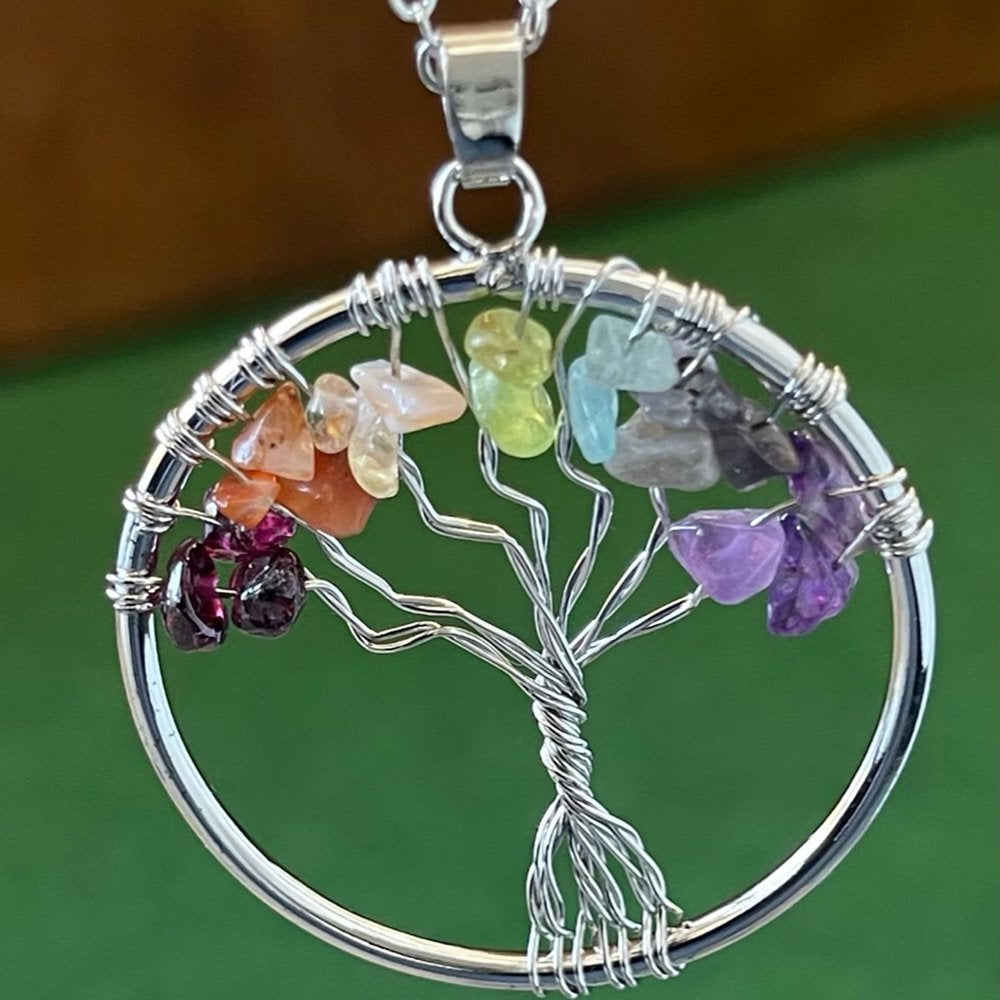 Handmade Genuine Gemstone Rainbow 7 Chakra Crystals Tree of Life Pendant Necklace