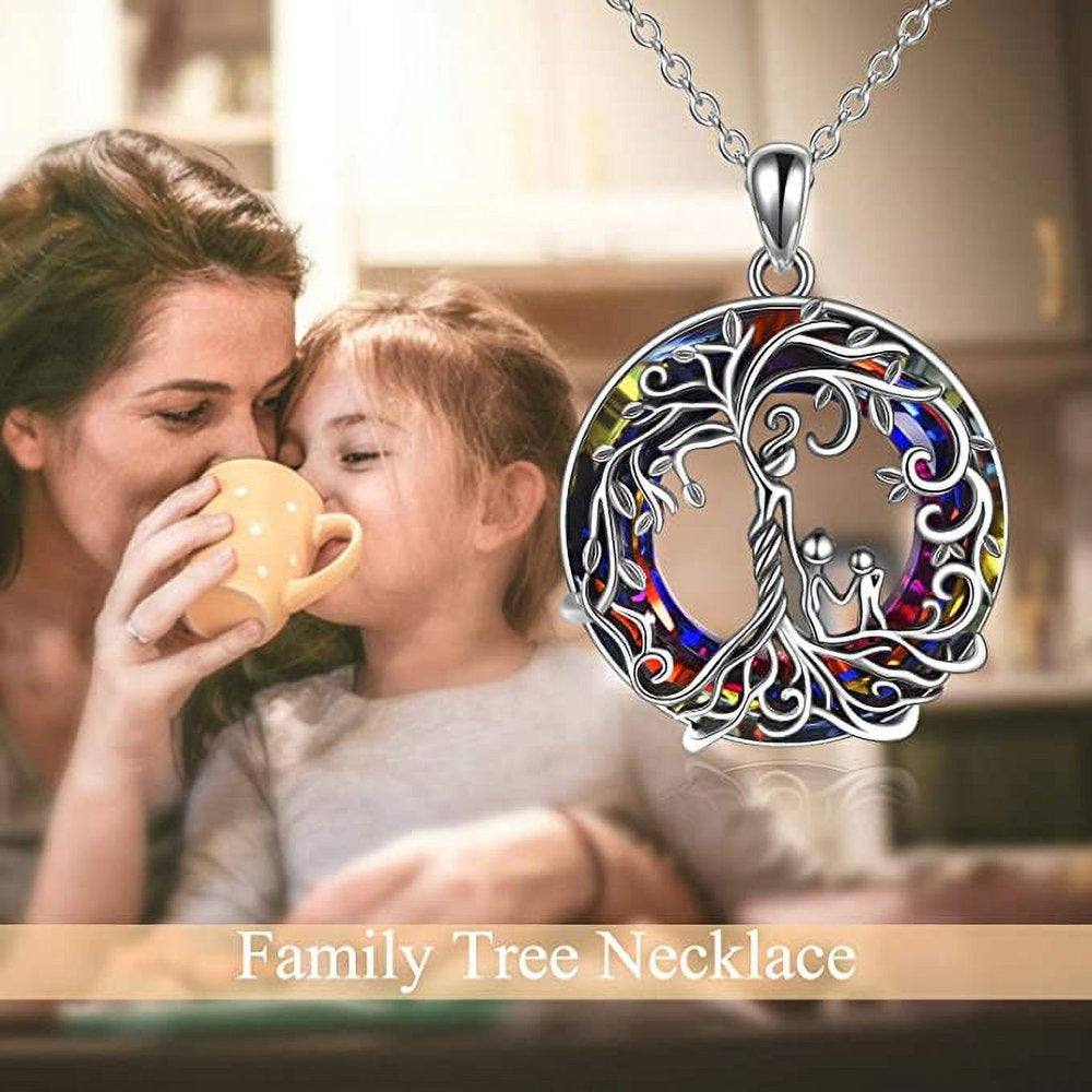 Necklaces for Mom S925 Sterling Silver Mother and 3 Children Family Tree of Life Pendant Necklaces with Purple Crystal Jewelry Gifts for Women Mom Daughter Wife Birthday Mother'S Day