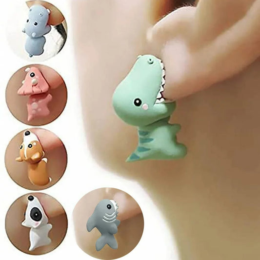 3D Animal Cartoon Biting Ears Stud Earrings,Lovely Animal Dinosaur Shark Bite Ear Studs Piercing Earrings, Handmade Polymer Clay Cute Stud Earrings for Women Girls