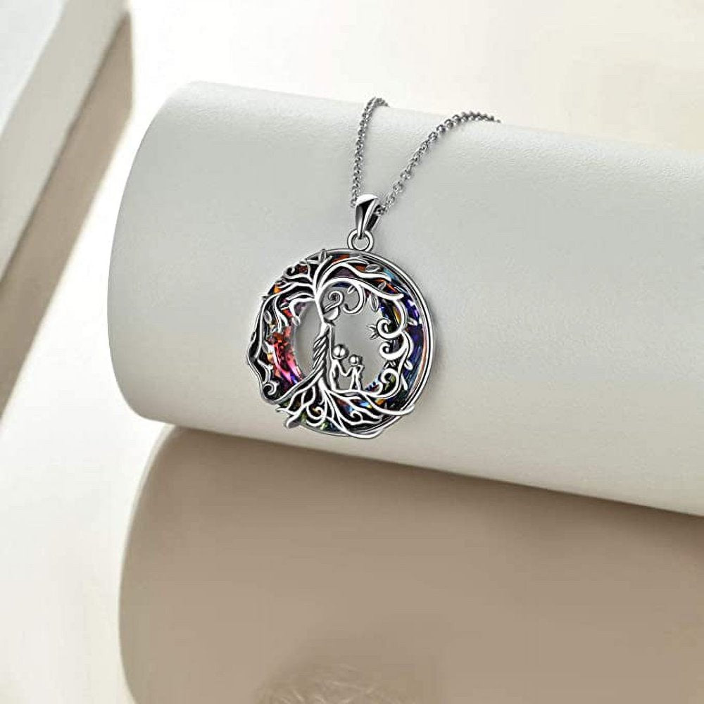 Necklaces for Mom S925 Sterling Silver Mother and 3 Children Family Tree of Life Pendant Necklaces with Purple Crystal Jewelry Gifts for Women Mom Daughter Wife Birthday Mother'S Day