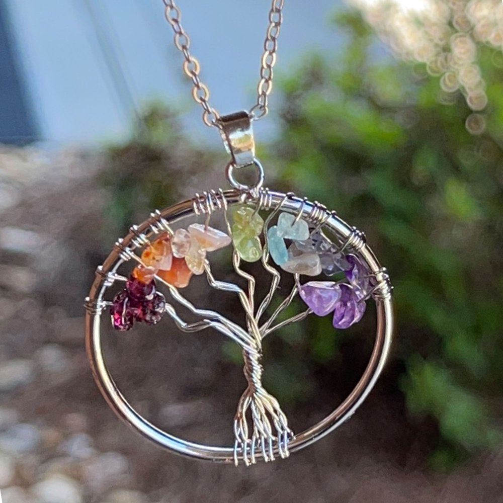 Handmade Genuine Gemstone Rainbow 7 Chakra Crystals Tree of Life Pendant Necklace